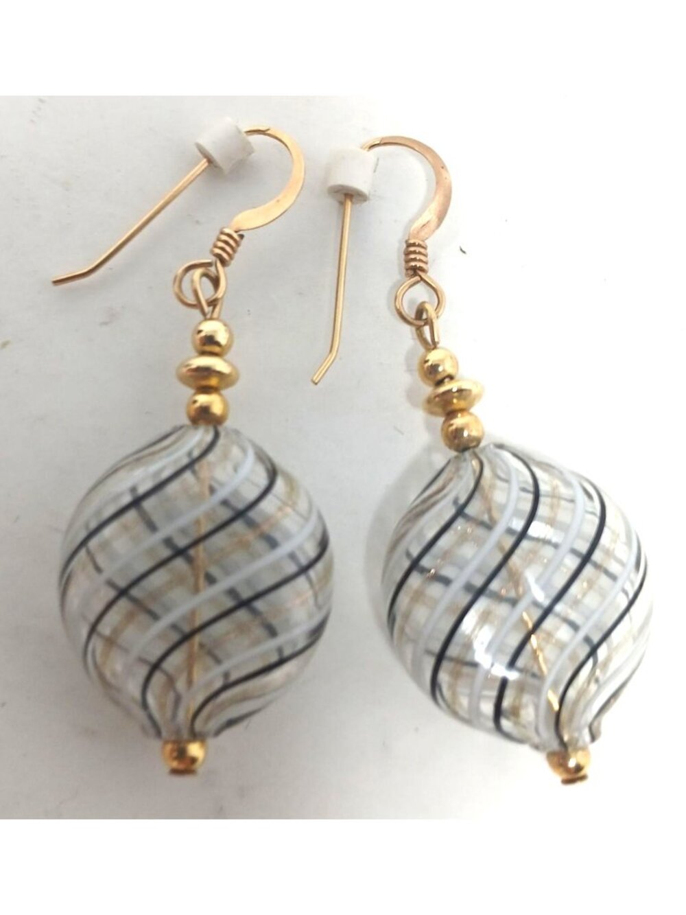 Handblown Glass Bead Swirl Drop Earrings Gold Black White Accents Dangle #G-4